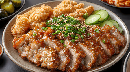 Japanese cuisine, fried pork belly in teriyaki sauce with sesame seedsの素材