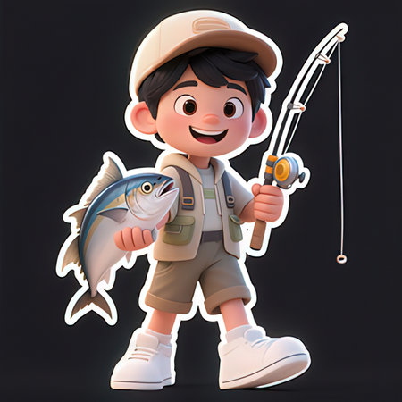 3D illustration of a boy with a fishing rod and a fishの素材
