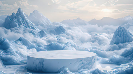 3d rendering of white marble podium on the background of mountains.の素材