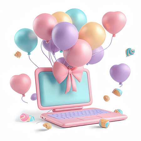 Laptop with balloons and candies on a white background. 3d renderingの素材