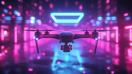 Drone with digital camera flying in neon lights. 3D Renderingの素材