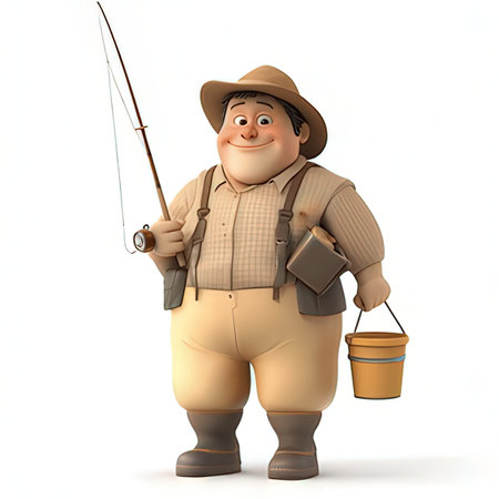 3d illustration of a man with a bucket and a fishing rodの素材