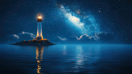 Lighthouse on the sea with starry sky. 3d renderingの素材