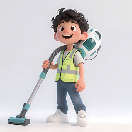 3D illustration of a boy with a vacuum cleanerの素材