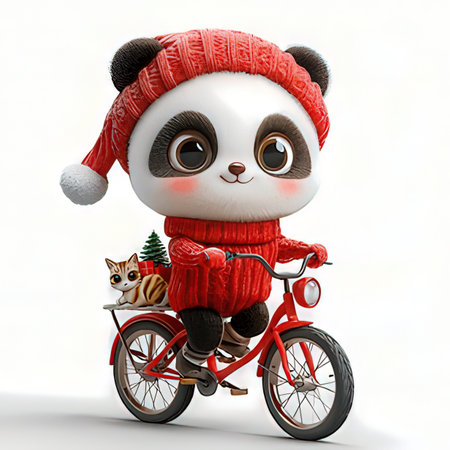 Cute panda in a red hat and scarf rides a bicycle.の素材