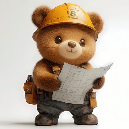 3D Render of a teddy bear construction worker with a blueprintの素材