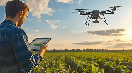 Agronomist with tablet pc and drone flying over agricultural fieldの素材
