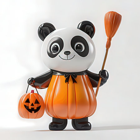 Cute cartoon panda in halloween costume with pumpkin and broomの素材