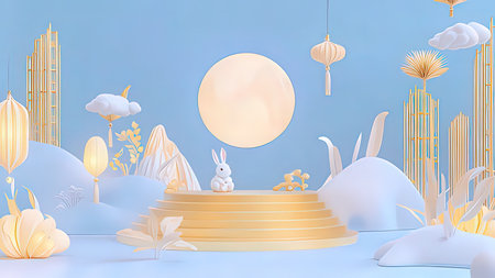 3d rendering of white rabbit on blue background with gold paper art.の素材