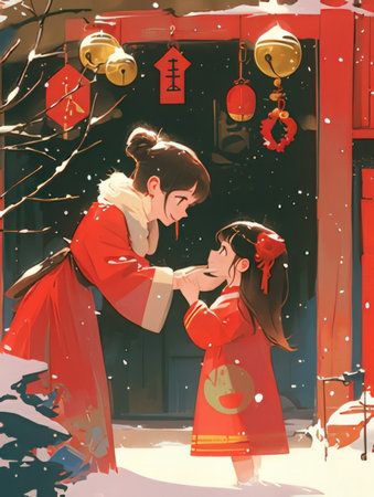 Chinese New Year greeting card. Happy couple in traditional clothes on the street.の素材