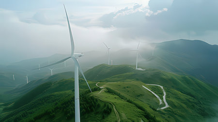 Wind turbines in the mountains. Alternative energy source. 3d renderingの素材