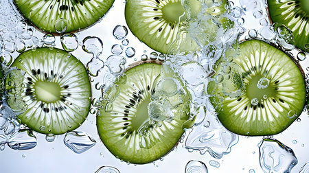 Slices of kiwi in water with bubbles on white backgroundの素材
