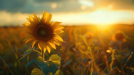 Sunflowers on the field at sunset. Beautiful summer landscape.の素材