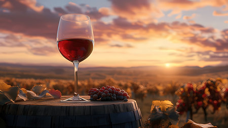 Glass of red wine on vineyard at sunset. 3D renderingの素材