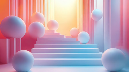 Abstract minimal scene with stairs and balls. 3d render illustration.の素材