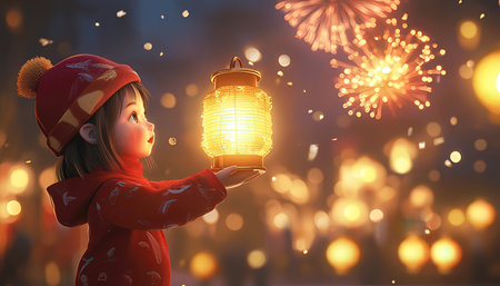 Asian Chinese little girl holding a lighted Chinese lantern with firework backgroundの素材