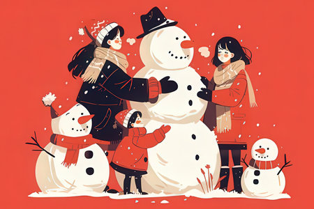Vector illustration of a group of friends making a snowman on a red background.の素材