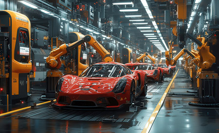 3D rendering of a robot assembly line in a car factory.の素材
