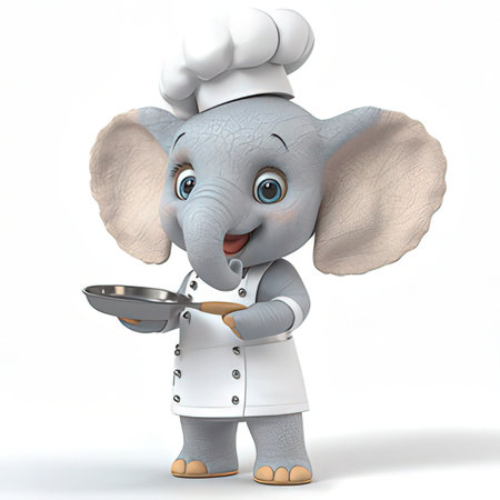 Cartoon elephant chef with a pan and a chef hat on a white backgroundの素材