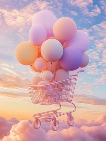 Shopping cart with balloons on the sky background. 3d renderの素材