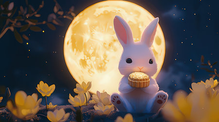 Easter bunny with cake in front of the full moon. 3d renderingの素材