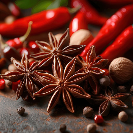 Spices and herbs on a dark background, close-up.の素材