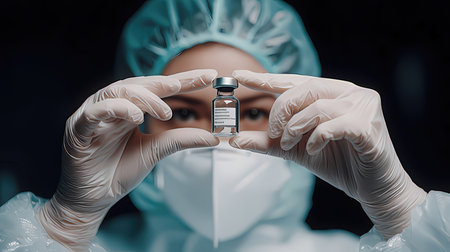 Doctor in protective suit holding ampoule with coronavirus vaccineの素材