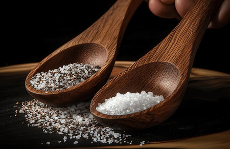 Various types of salt in wooden spoons on a black background.の素材