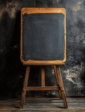 blank blackboard on a wooden easel in front of a wallの素材