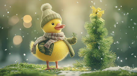 Cute little yellow duckling in warm hat and scarf standing near christmas tree in snowfallの素材
