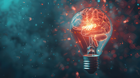 Brainstorming concept with human brain inside light bulb on abstract backgroundの素材