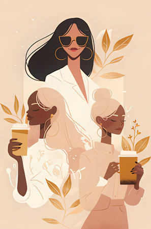 Vector illustration of a beautiful young woman with a cup of coffee.の素材