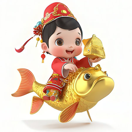 Chinese boy and gold fish on white background. 3D illustration.の素材