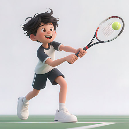 3d illustration of a boy playing tennis on a tennis court.の素材