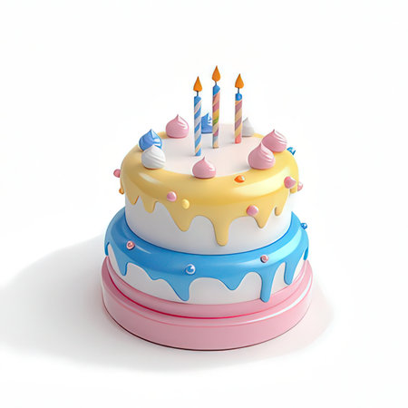 Birthday cake with candles on white background. 3D illustration.の素材