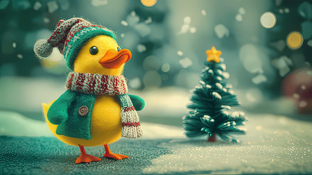 Cute little yellow duck with christmas tree on snowy backgroundの素材