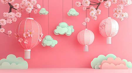Paper art of chinese lanterns with cherry blossom background.の素材
