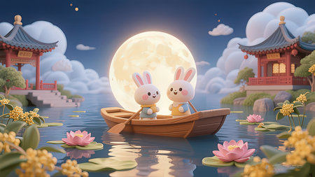 Rabbit couple in boat with full moon background, 3d renderingの素材