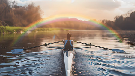 Rowing on a lake with a rainbow in the background. Mixed mediaの素材