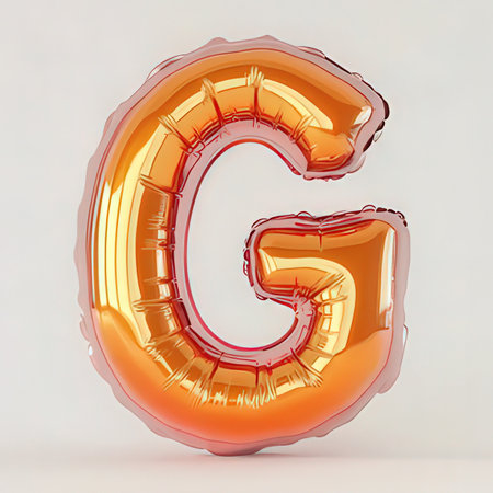 Orange letter G made of inflatable balloon isolated on white background. 3D rendering.の素材
