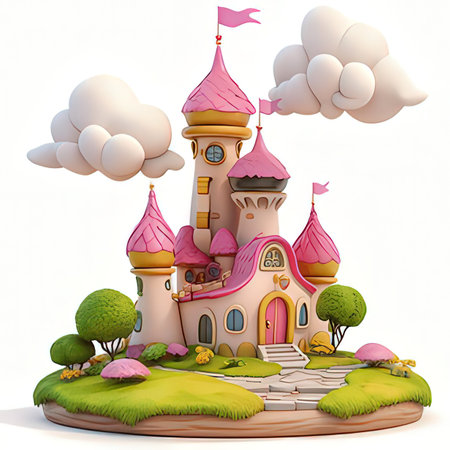 Fairy tale castle on a white background. 3D rendering.の素材