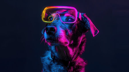 Jack russell terrier dog in glasses with neon light.の素材