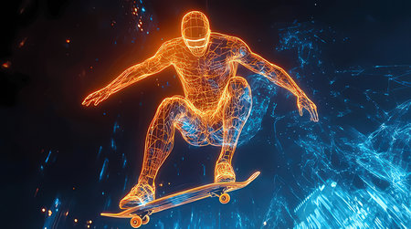 3D rendering of a skateboarder on a blue background with particlesの素材