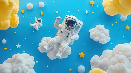 Astronaut floating in the sky with clouds. 3d renderingの素材
