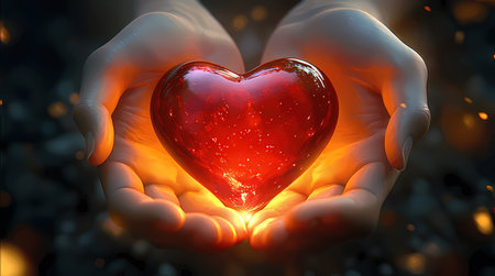 Red heart in human hands on dark background. 3d illustration.の素材