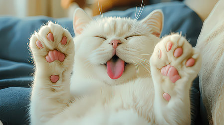 White cat lying on the bed and yawning. Close up.の素材