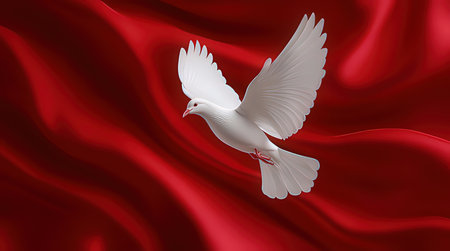 white dove on a red satin background. 3d rendering.の素材