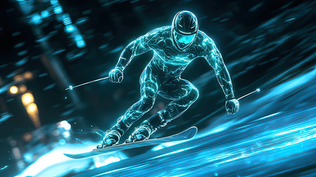 3D rendering of a male skier skiing on a dark backgroundの素材