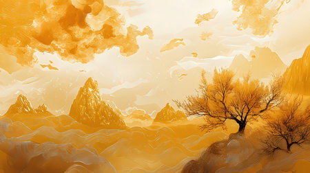 Fantasy landscape with mountains, trees and clouds. Digital painting.の素材