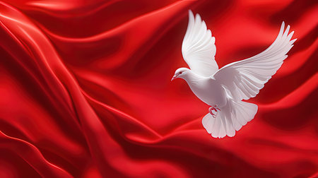 White dove on a red satin background. 3d rendering.の素材